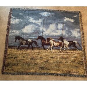Vintage 90s C. Cummings Horses Fringe Throw Tapestry Blanket